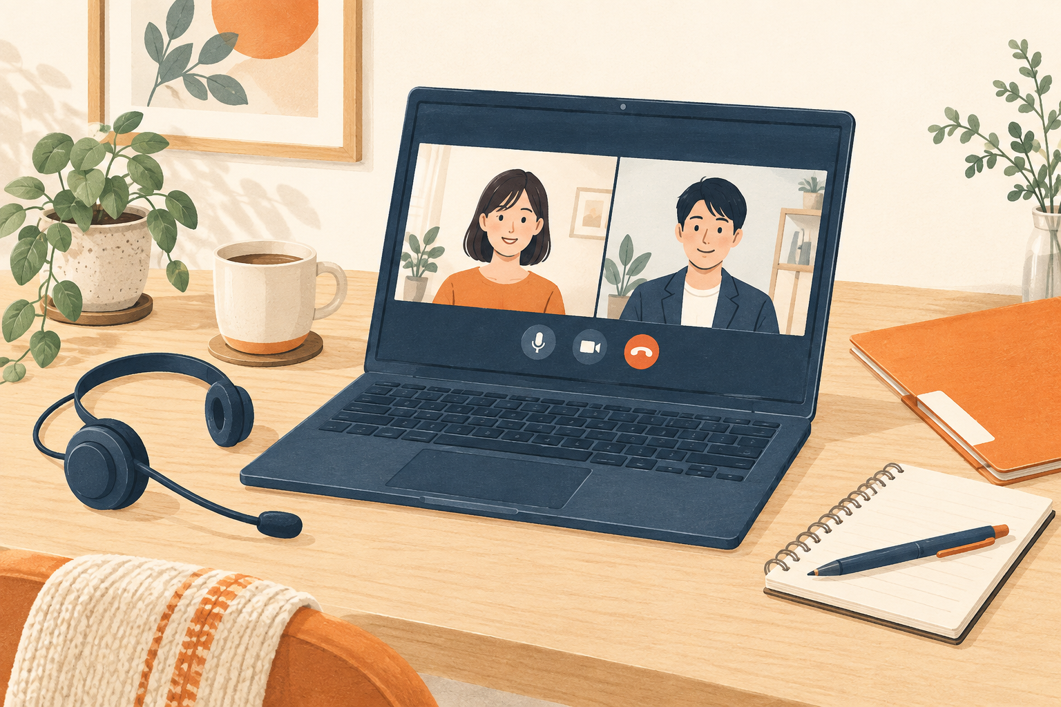 ビデオ通話でオンライン相談をする様子のイラスト