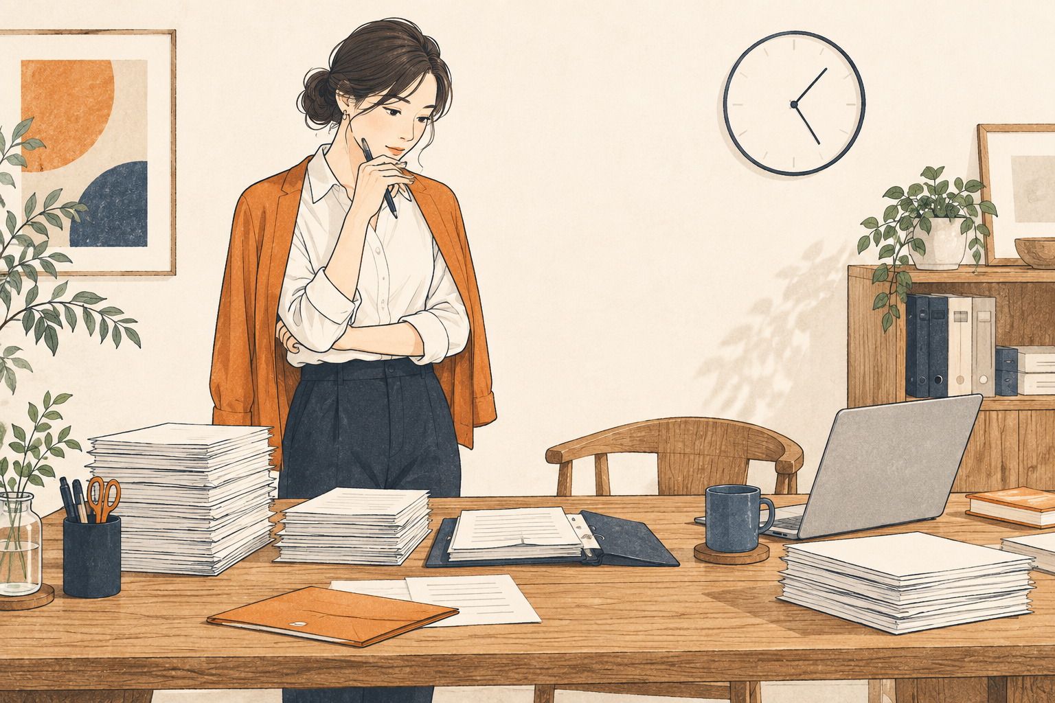 書類やメールの仕事を前に、進め方を考える人のイラスト