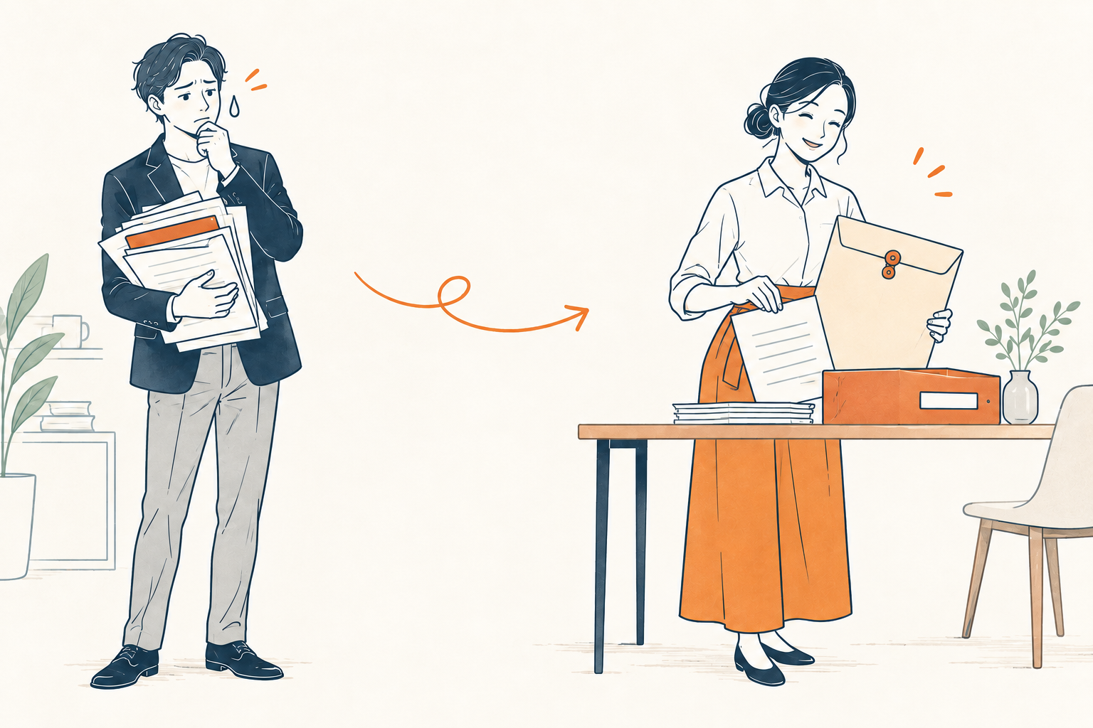 書類の整理を依頼し、仕事を分担する二人のイラスト