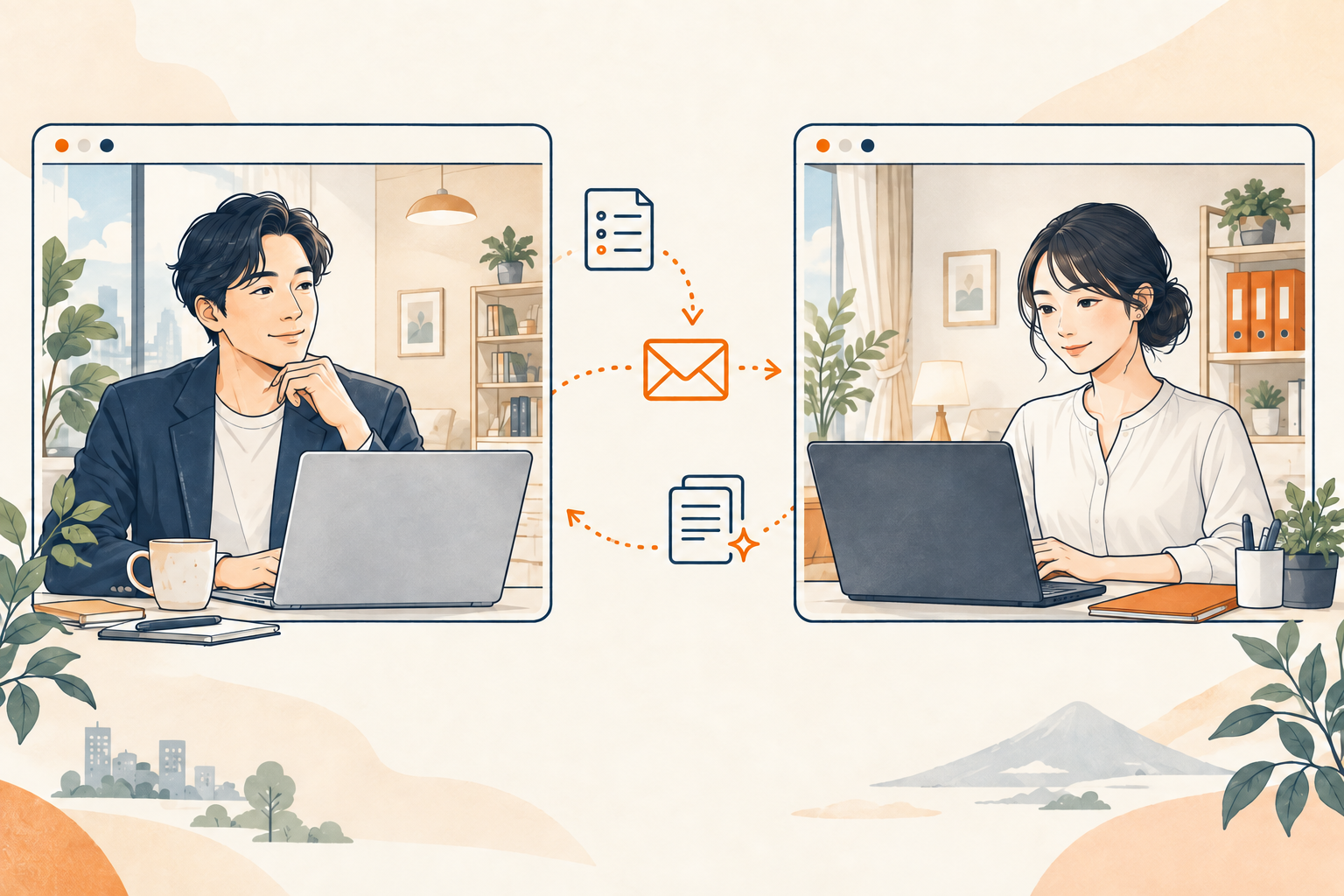 離れた場所から仕事を依頼し、オンラインで作業を進める様子