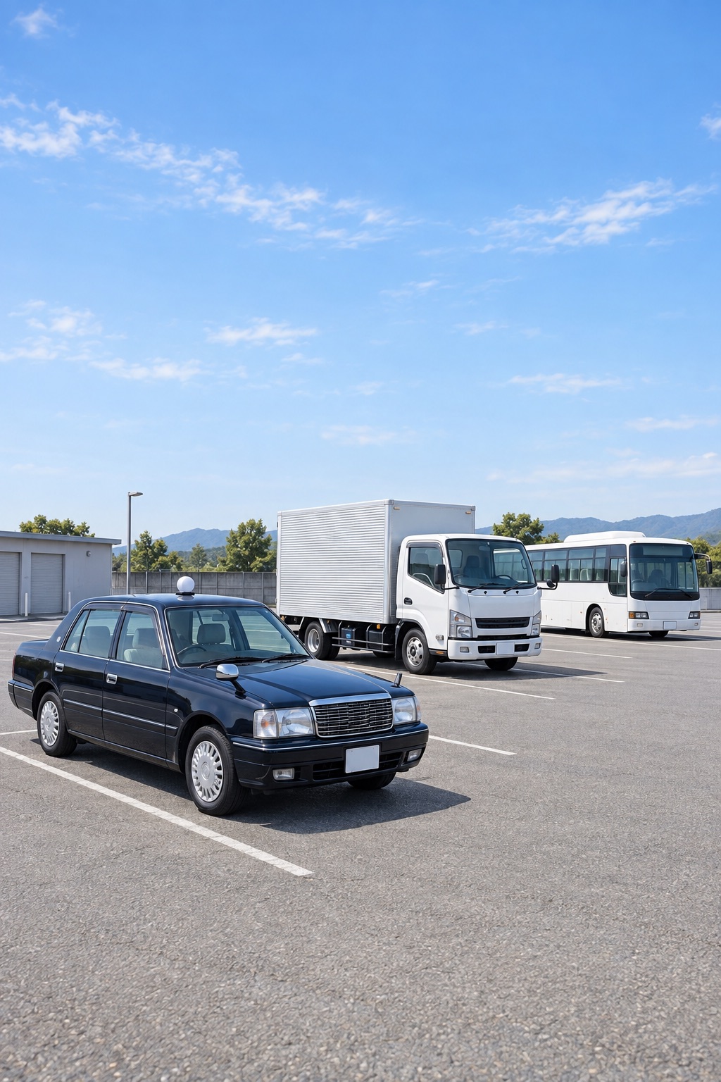 駐車場に並ぶタクシー、配送トラック、バスのイメージ